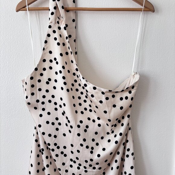 MESHKI Joan Satin Asymmetrical Polka Dot Mini Dress - Picture 5 of 9